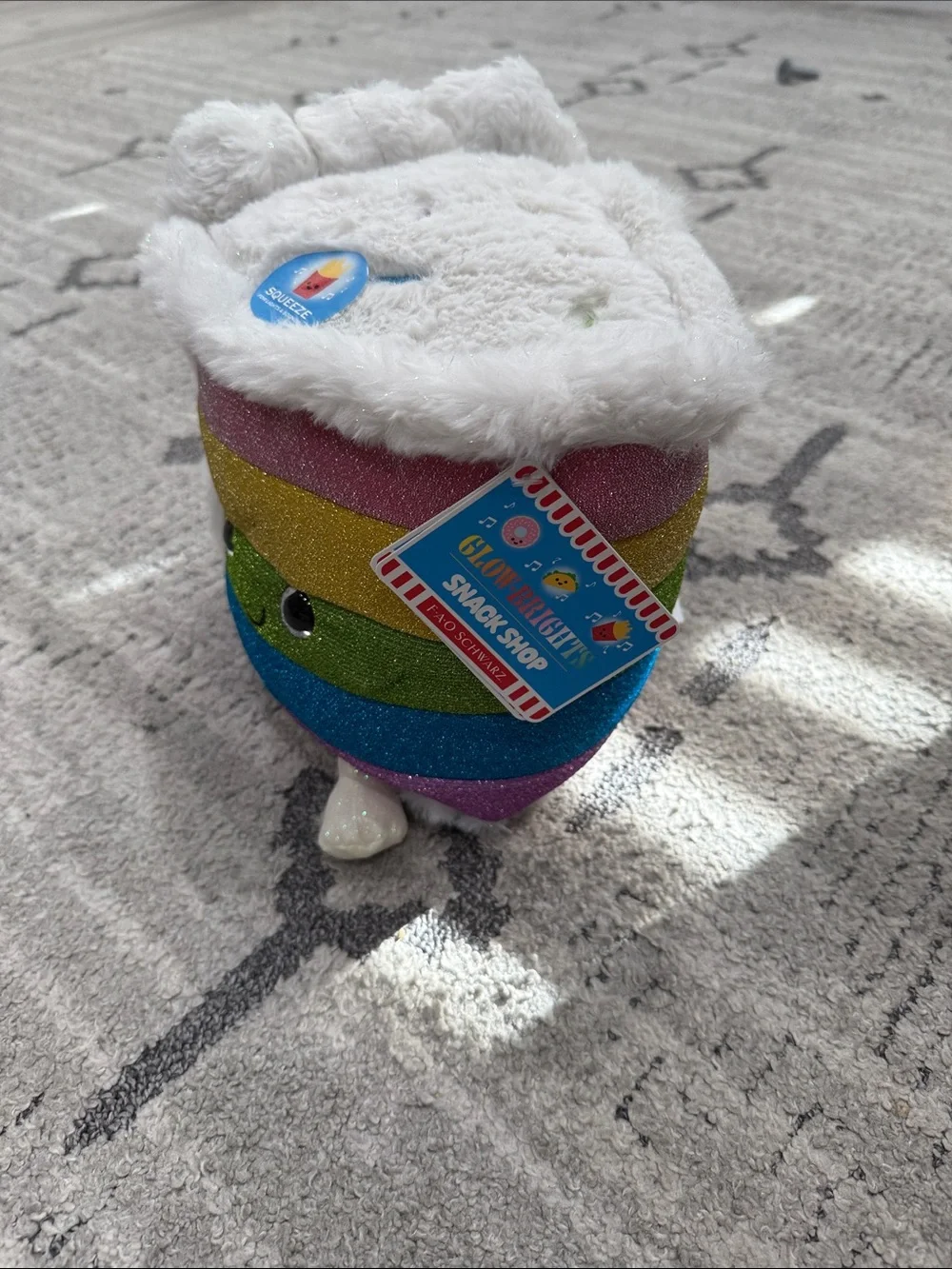 FAO Schwarz Glitter Rainbow Plush with White Faux Fur Hood